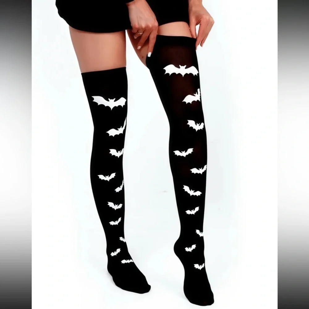 Black Thigh-High Socks with White Bat Design 🦇